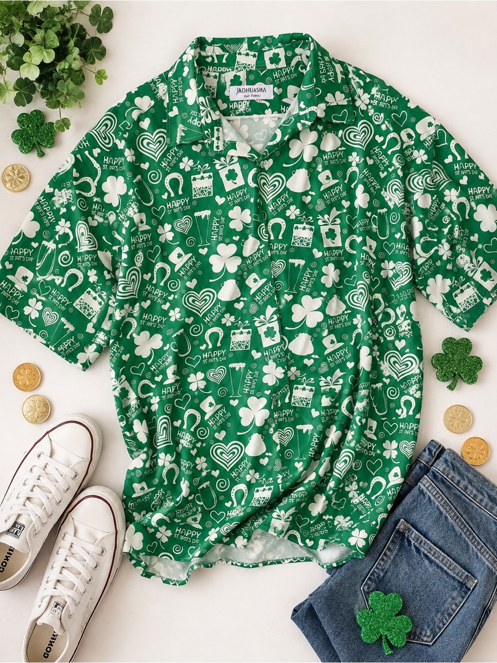 J&D Huasha St. Patrick’s Day Button-Up Shirt 3XL Green Shamrock Novelty Print